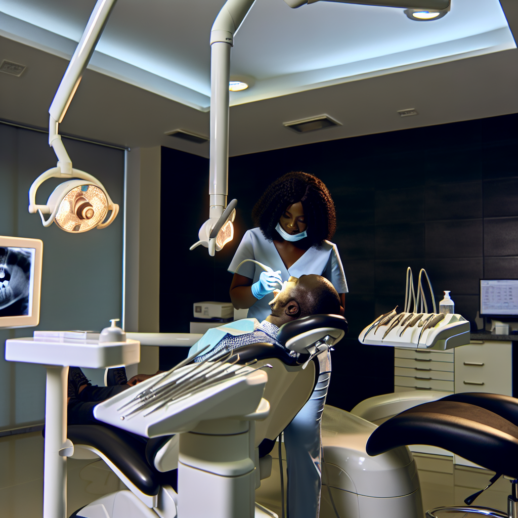 רופא שיניים מבצע טיפול שורש במרפאת שיניים מודרנית עם ציוד מקצועי ותאורה טבעית.