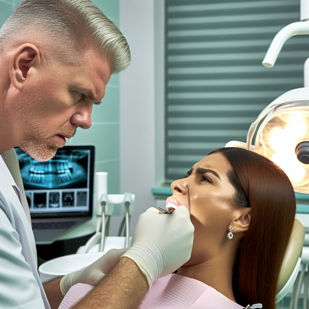 רופא שיניים בודק שיניים של מטופל במרפאת שיניים מודרנית.