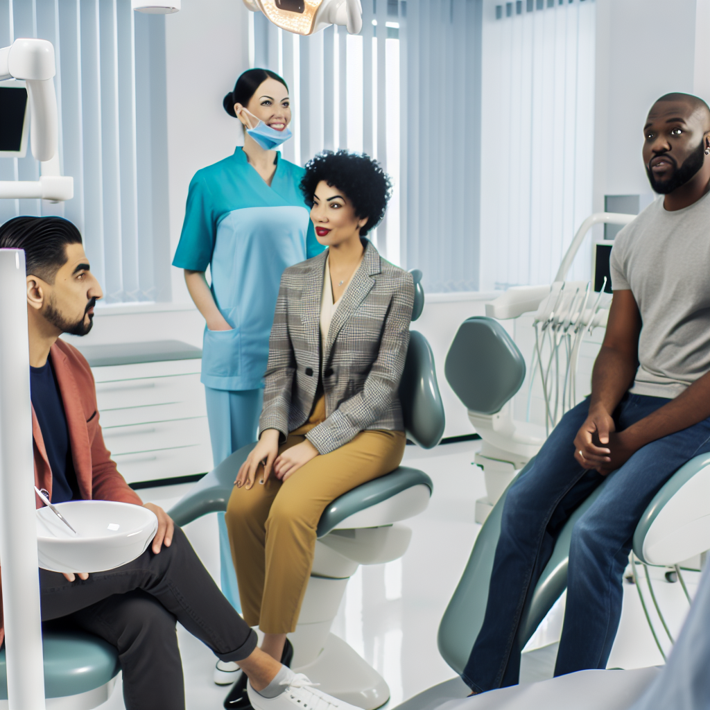 אנשים מבוגרים מבקרים אצל רופא שיניים לבדיקה במרפאה מודרנית עם תאורה טבעית.