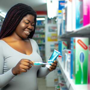 אדם בוחר מברשת ומשחת שיניים בבית מרקחת עם חיוך ועיון במוצרים.