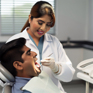 רופא שיניים בודק את פיו של מטופל במשרד שיניים מודרני, עם אור טבעי שנכנס מחלון גדול.