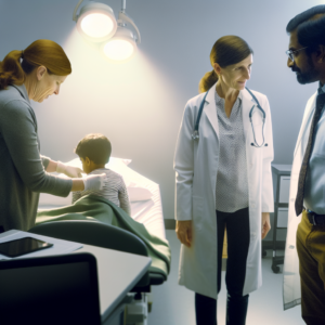 רופאה ילדים ורופאה למבוגרים עובדים עם מטופלים קליניים, ילד ומבוגר, בחדר בדיקה, מראים את ההבדלים בטיפולים עבור ילדים ומבוגרים.