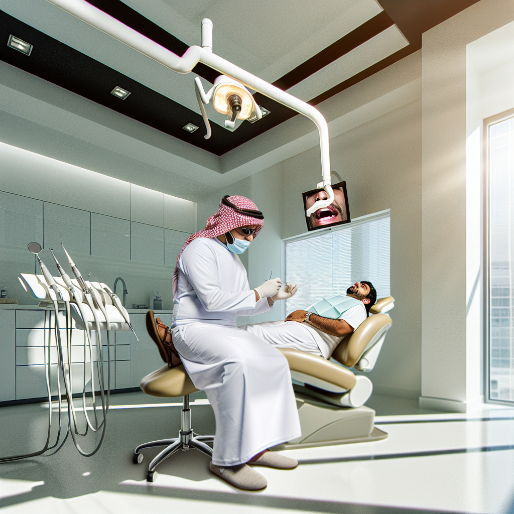 תמונת מלך בפורמט מציאותי המציגה מטופל בכסא שיניים מקבל הרדמה לוקאלית מרופא שיניים