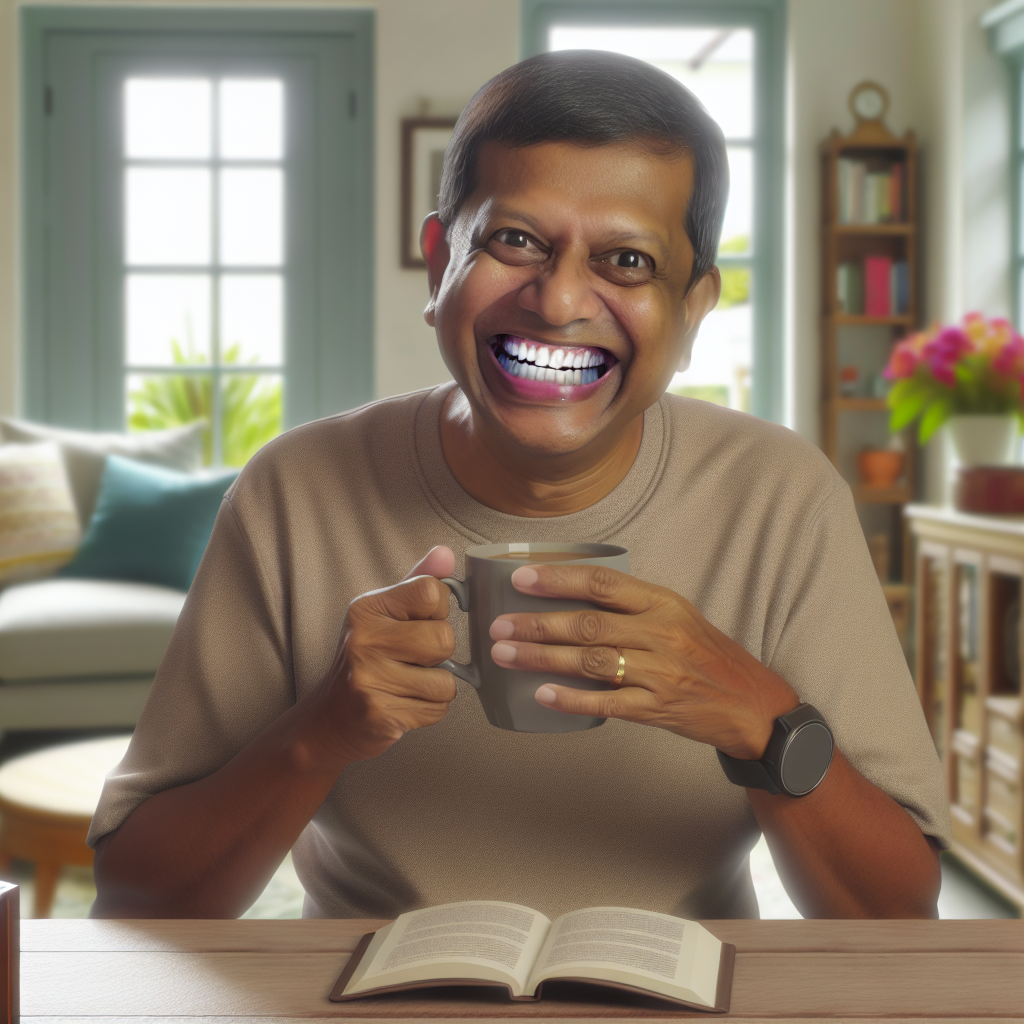 אדם בגיל העמידה מחייך החשפות שיניים, מחזיק כוס קפה בחדר מגורים נעים.