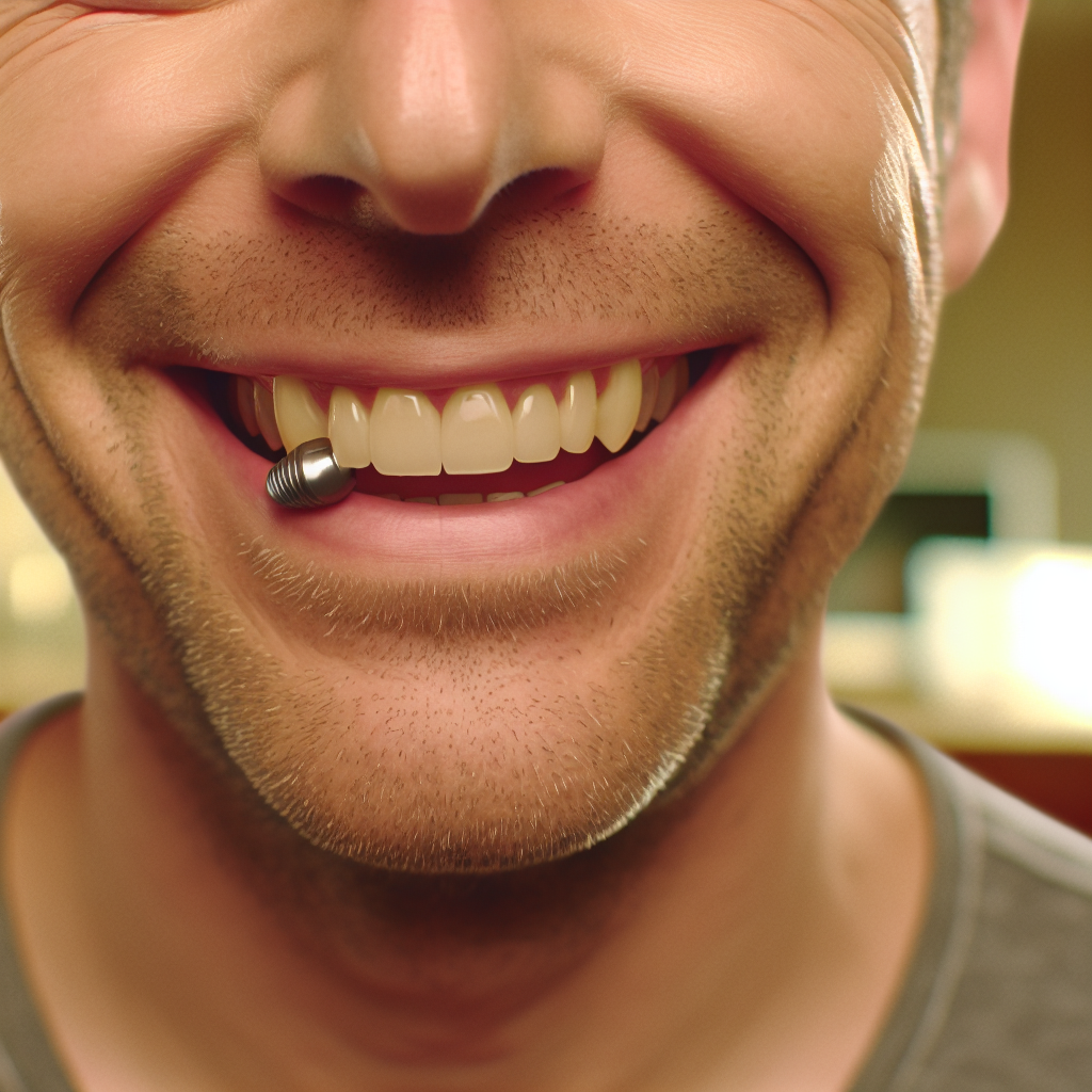 אדם מחייך עם שיניים מושלמות, שן מושתלת אחת גלויה, תאורה טבעית.