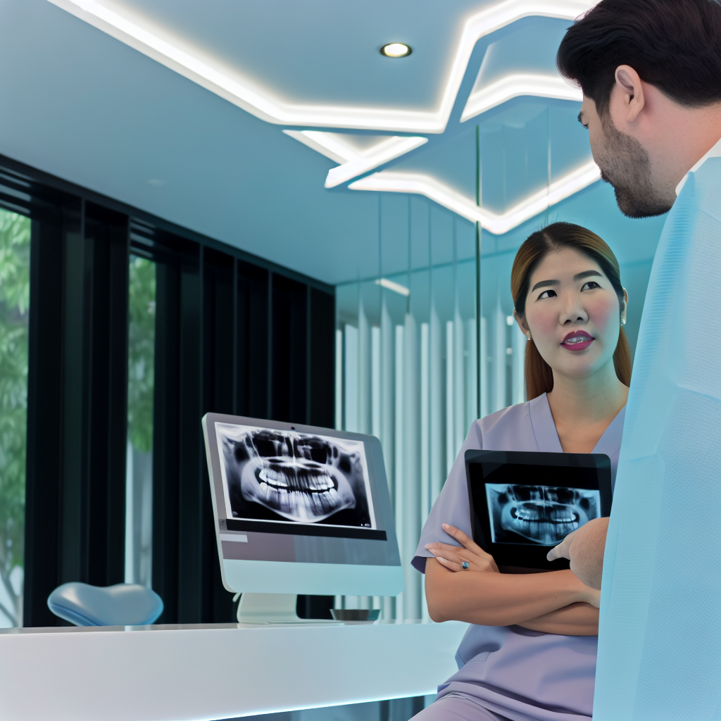 רופא שיניים מקצועי מייעץ למטופל במשרד שיניים מודרני ומואר.