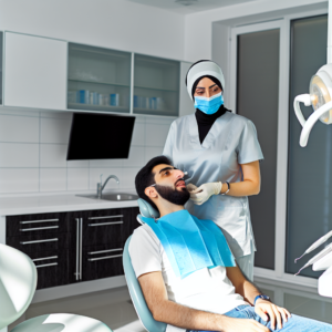 מטופל יושב במרפאת שיניים מודרנית מקבל טיפול חירום מדנטיסט מקצועי