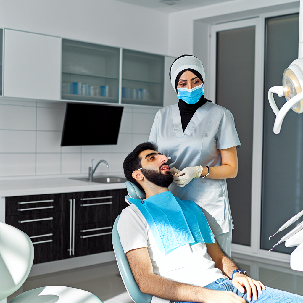 מטופל יושב במרפאת שיניים מודרנית מקבל טיפול חירום מדנטיסט מקצועי