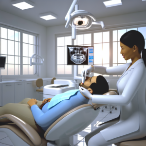 מרפאת שיניים מודרנית עם רופא שיניים משתמש בסורק דיגיטלי ליצירת כתר דנטלי.