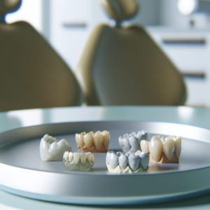 משרד רופא שיניים עם כתרים מזירקוניה וחרסינה על שולחן