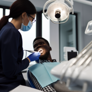 רופא שיניים מקצועי בודק שיניים של מטופל במשרד דנטלי מודרני