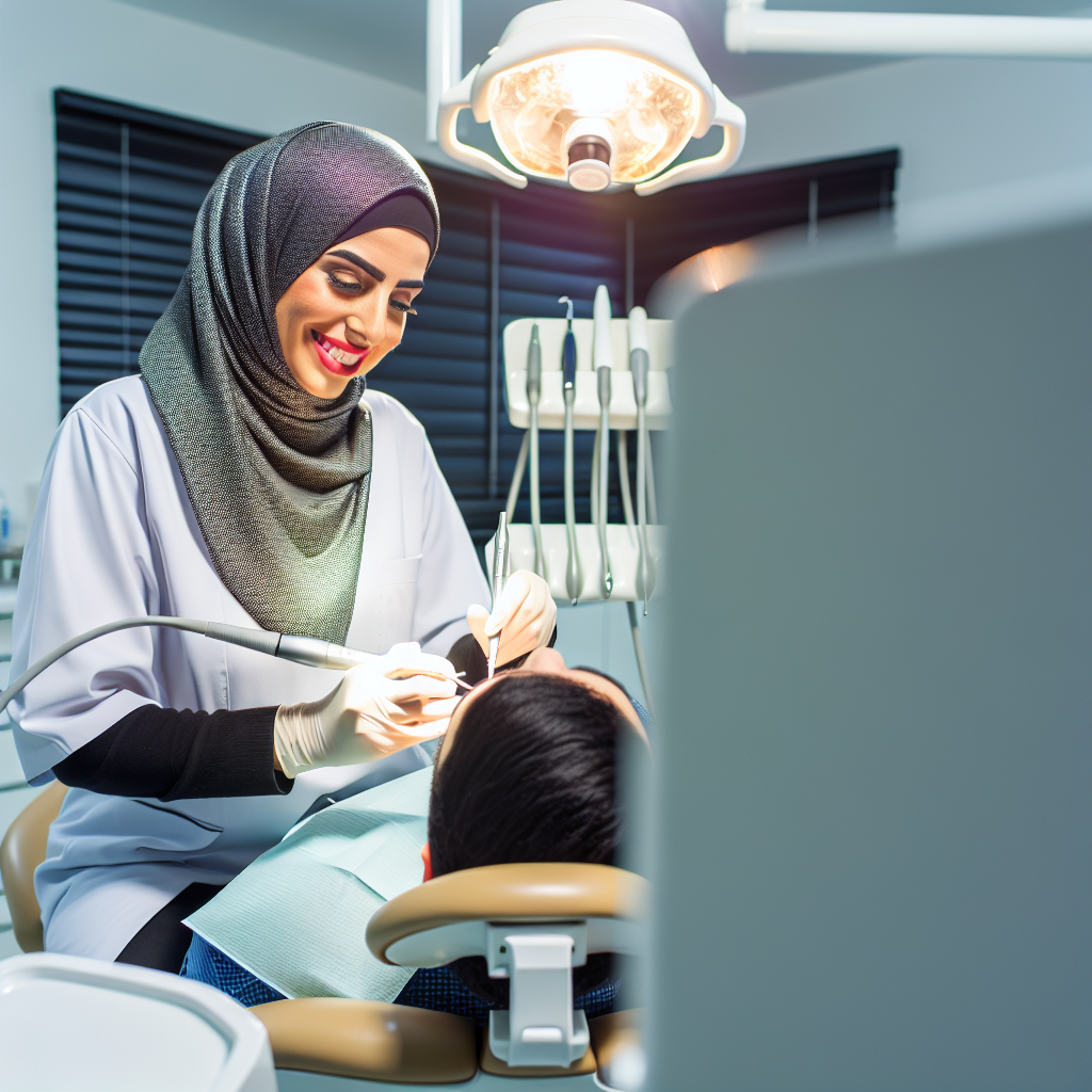 רופא שיניים מקצועי מבצע ניקוי שיניים במרפאה מודרנית ומוארת עם מטופל יושב בכיסא השיניים.