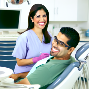 משרד רופא שיניים מקצועי עם מטופל מחייך יושב בכיסא הטיפולים