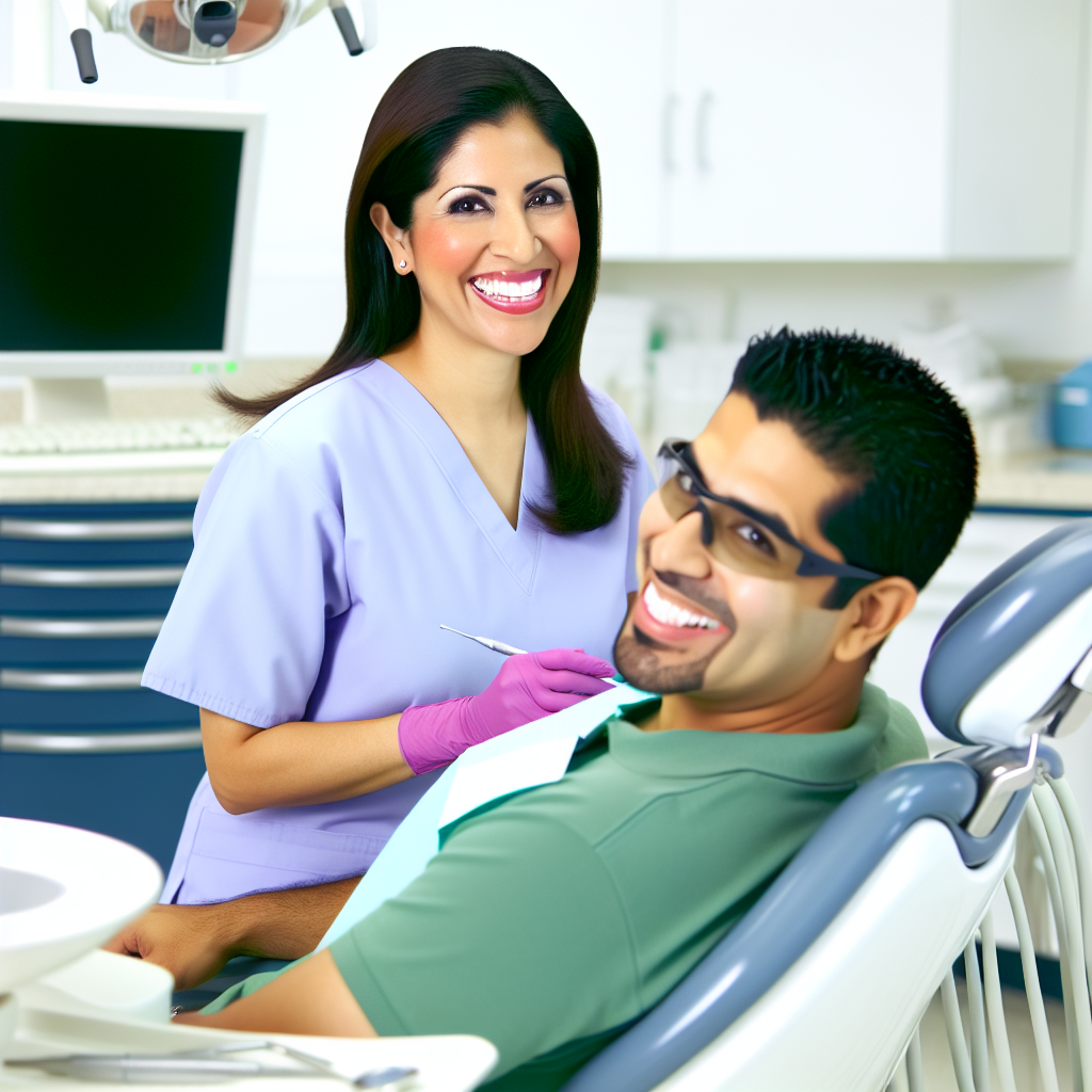 משרד רופא שיניים מקצועי עם מטופל מחייך יושב בכיסא הטיפולים