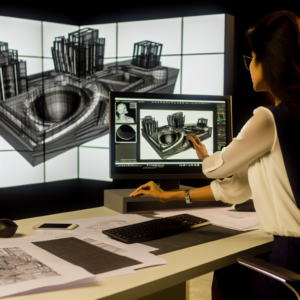 תמונה של אדריכל במשרד משתמש בטכנולוגיה מתקדמת לתכנון עם מסך מחשב המציג מודלים תלת-ממדיים