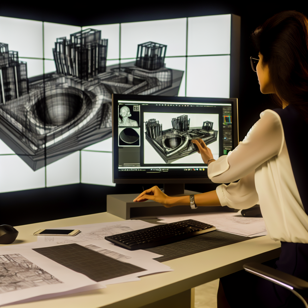 תמונה של אדריכל במשרד משתמש בטכנולוגיה מתקדמת לתכנון עם מסך מחשב המציג מודלים תלת-ממדיים