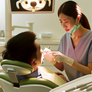 רופא שיניים מתקין ציפוי חרסינה על שן של מטופל בקליניקה דנטלית מודרנית