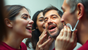 אדם בודק את חניכיו במראה או במרפאת השיניים